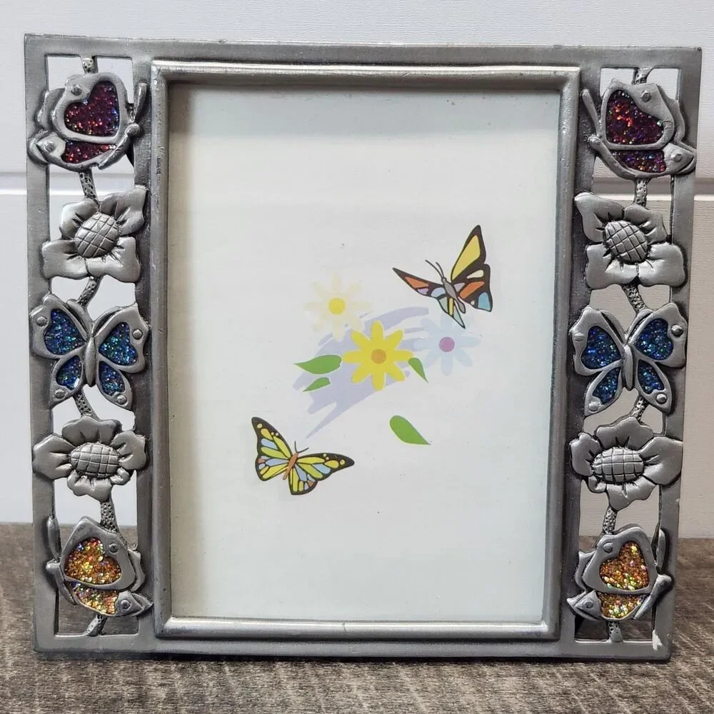 Floral Butterfly Glitter Enamel Decorative Photo Frame Metal  4.5